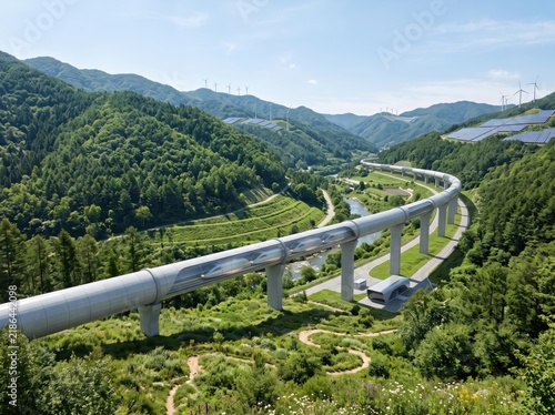 A futuristic high-speed hyperloop pod travels through an elevated tube in a lush mountainous landscape powered by wind turbines and solar panels.