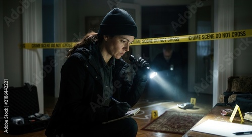 Detective Investigating Crime Scene With Flashlight And Notebook