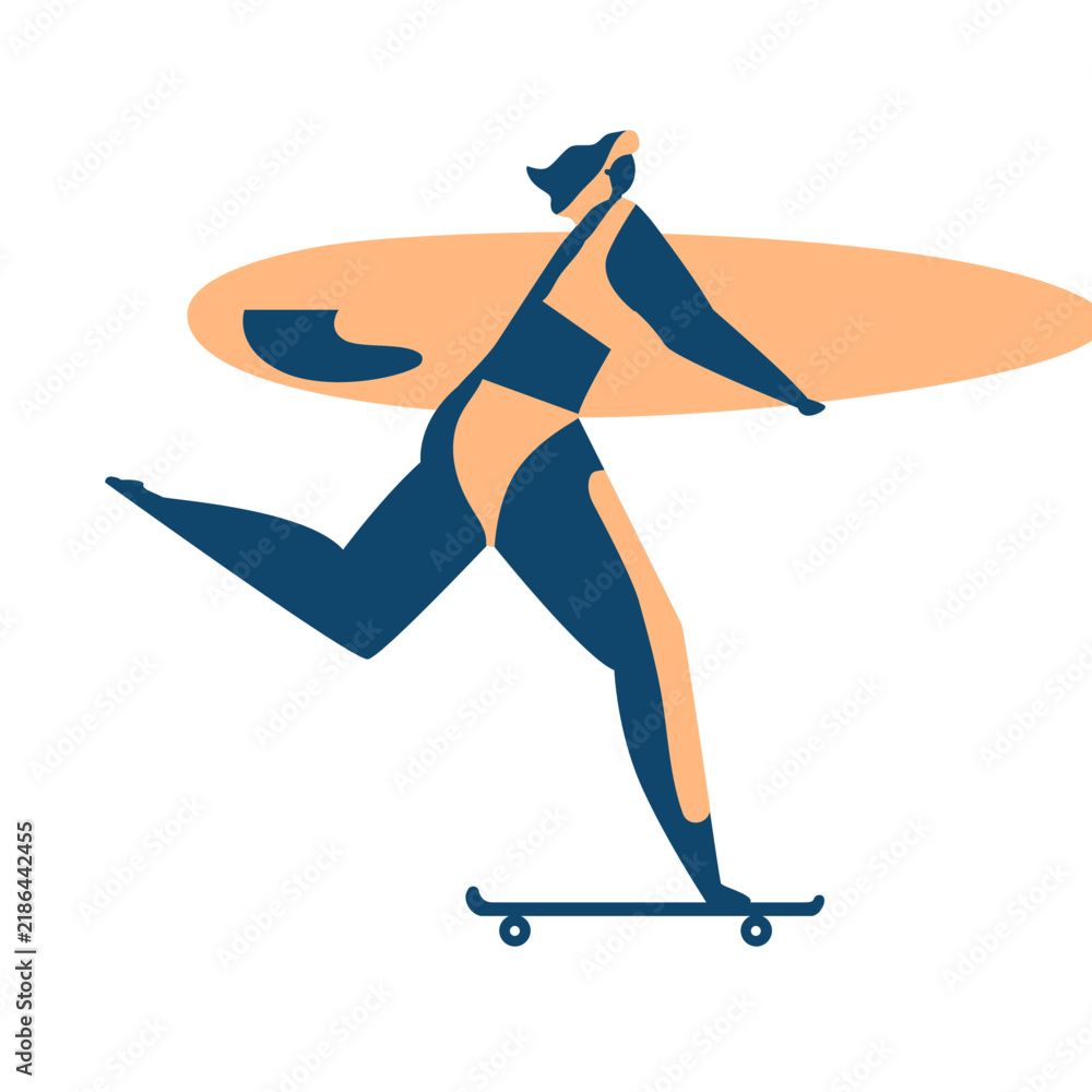 Fototapeta premium Surfer woman surfboard skateboard detailed silhouette summer
