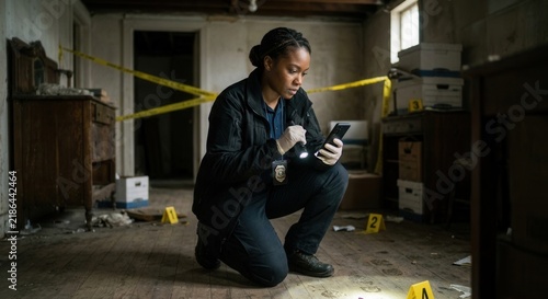 Detective Investigating Gritty Crime Scene With Flashlight And Evidence Markers