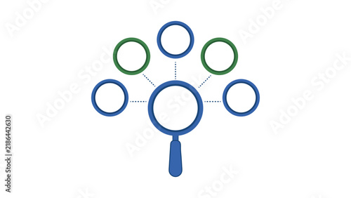 Magnifying glass infographic vector template. Central blue loupe connected to green and blue circle nodes in a fan layout. Concept for search optimization, analysis, and data discovery.