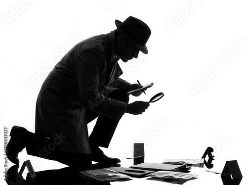 Detective Examining Evidence With Magnifying Glass And Notepad