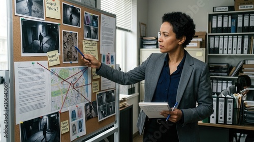 Detective Analyzing Complex Crime Board With Evidence And Suspect Profiles