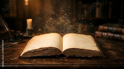 Open ancient book with magical candlelit background