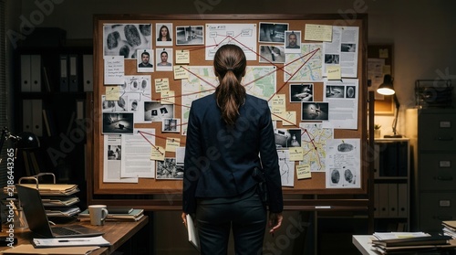Detective Analyzing Complex Investigation Board In A Dark Office Setting