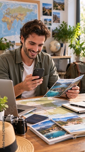 Smiling young man reviews travel photos on a smartphone while holding a map and brochures at a desk, with a laptop, globe, and destination images in a bright home office.