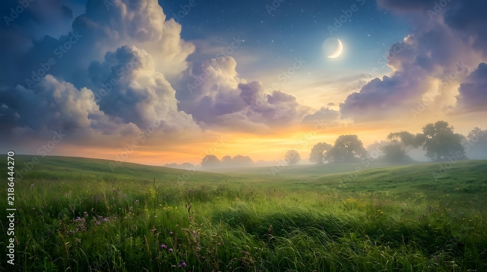Fototapeta premium Sunset over green field with dramatic clouds