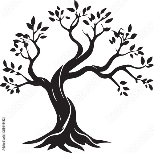 Stylized black silhouette of a mature tree with twisting branches and leaves representing nature growth and life isolated on a white background