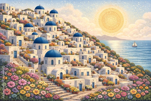 Greek Island Village With Blue Domes and Flowers