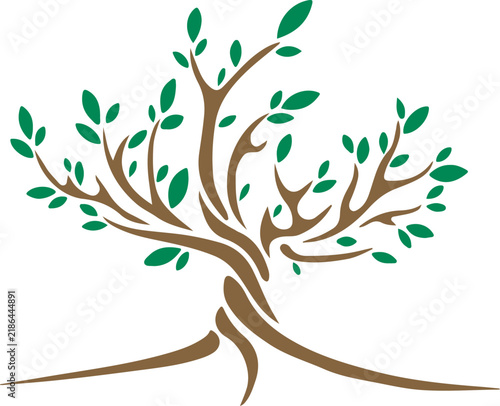 Stylized tree with green leaves abstract organic growth symbol for nature ecology and wellness concepts isolated on white