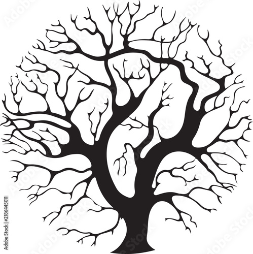 Bare tree silhouette in a circle abstract winter branches design element for seasonal concepts isolated on white background