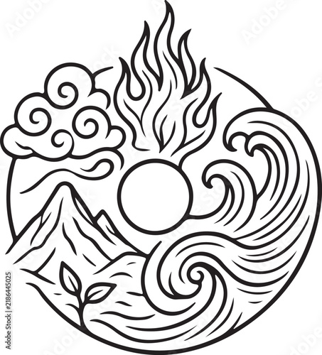 Four elements symbol representing earth water fire and air with sun and clouds in a circular outline design for conceptual use