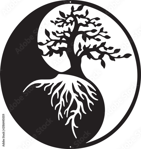 Yin Yang tree of life symbol representing balance and harmony perfect for spiritual or wellness concepts isolated on white background