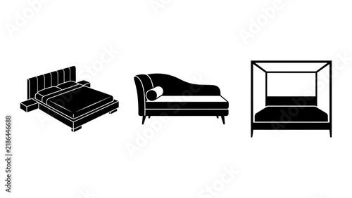 Foto Collection of three black silhouette icons depicting different styles of beds an