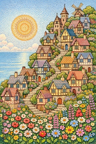 Storybook European Village With Windmill and Flowers