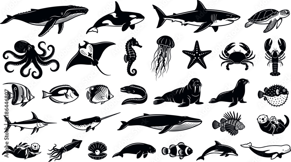 Fototapeta premium Marine life and ocean animals silhouette vector icon set