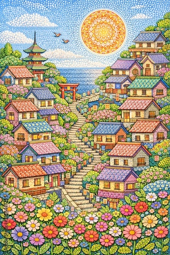Japanese Coastal Village With Pagoda and Flowers