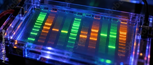 DNA Gel Electrophoresis Chamber Showing Fluorescent Green and Orange Bands