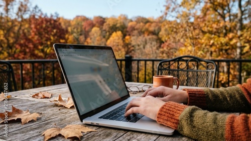 Working from Home on a Laptop at an Outdoor Table during Autumn with Foliage Background