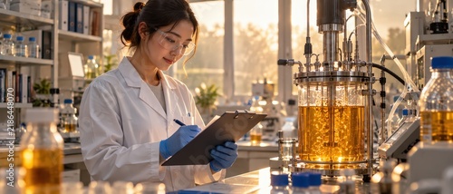 Female Scientist Recording Data Beside Bioreactor with Golden Liquid in Laboratory