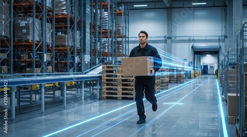 a warehouse worker running with a package box featuring fast motion lines and logistics.
