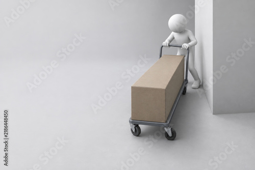 Faceless figure pushes a large box on a platform cart. Space for text.