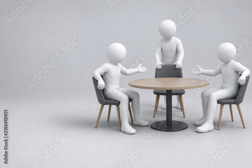 Three faceless figures discuss around a round table. Space for text.