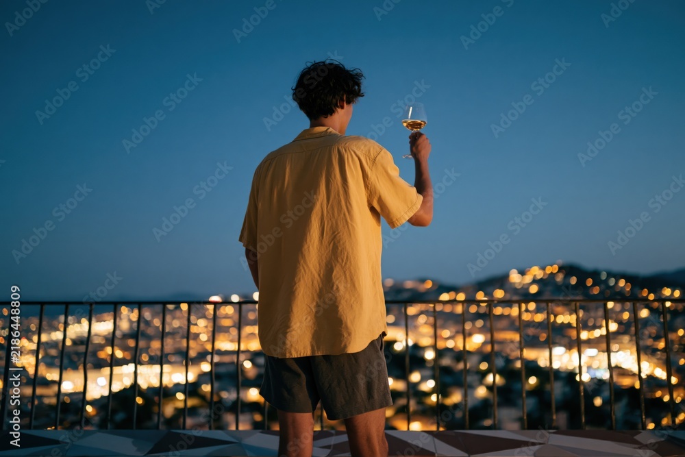 Obraz premium Man toasting overlooking city lights at dusk rooftop skyline background for celebration banner and urban lifestyle design