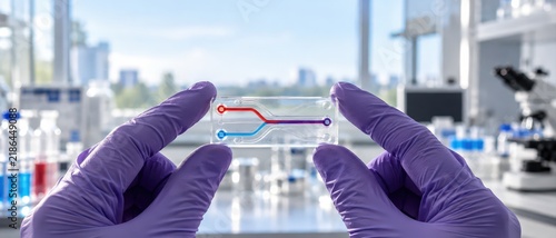 Gloved Hands Holding Microfluidic Chip with Red and Blue Fluid Channels