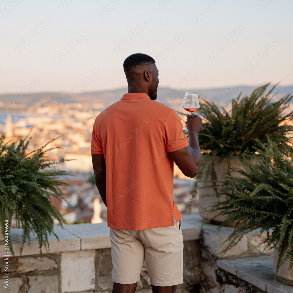 Obraz premium Man on rooftop terrace holding a wine glass overlooking city skyline at sunset for lifestyle background and banner design