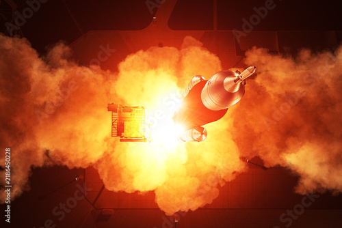 Cuadro en lienzo 3D illustration of a heavy rocket launching at night, surrounded by intense fire, smoke and exhaust from a futuristic space launch platform