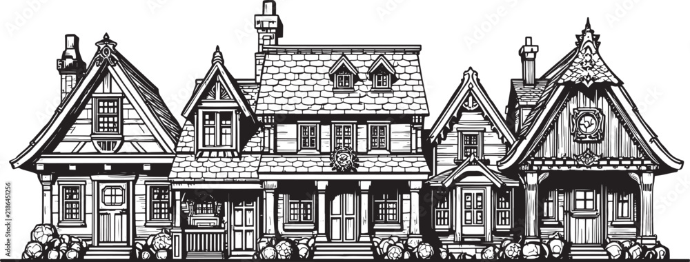 Naklejka premium A detailed black and white ink illustration showing a row of ornate victorian houses with intricate architectural roof details
