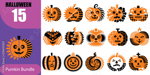 Set of fifteen unique hand drawn halloween pumpkin illustrations with various spooky carved faces and decorative patterns