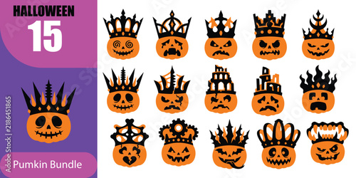 Set of fifteen halloween pumpkin jack o lantern faces wearing ornate black crowns for festive holiday decorations