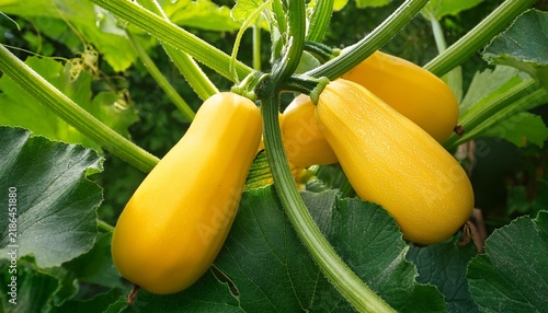 a close up view of four yellow squash growing on a vine in a lush green garden with large leaves and stems