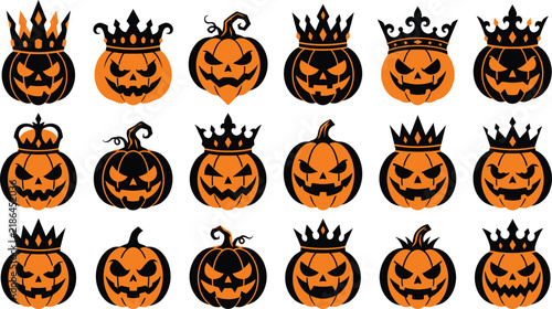 Set of various spooky jack o lantern pumpkins wearing crowns for halloween celebration and holiday design elements