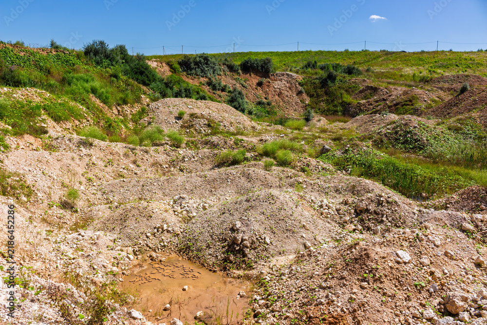 Obraz premium Open limestone quarry with heaps of crushed stone, barren textured terrain, and overgrown greenery under a clear blue sky, showing industrial mining remnants in a natural setting