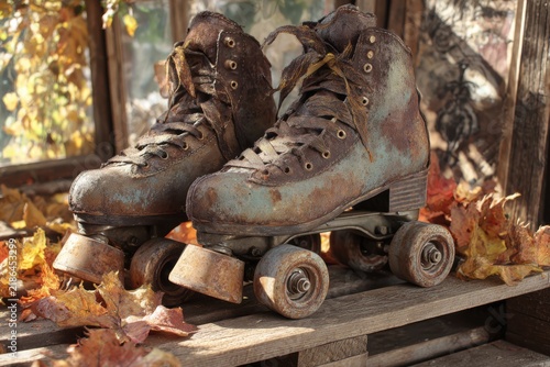 Rusty vintage roller skates in autumn