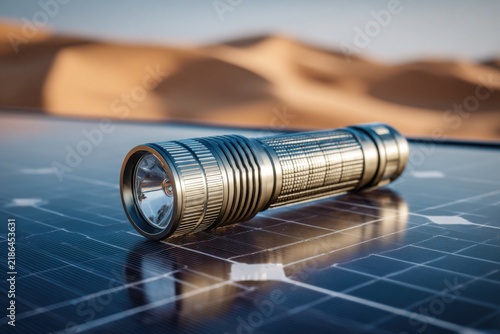 Modern LED flashlight on solar panel