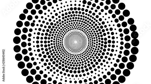 Black and white halftone circle spiral pattern design element with circle background