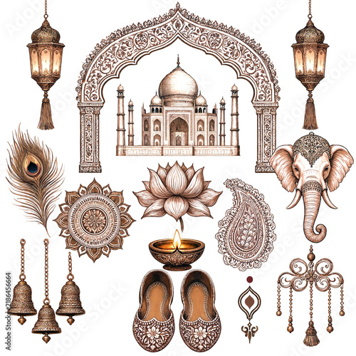 Ornate Indian cultural elements including Taj Mahal mandala peacock lotus and traditional decorations