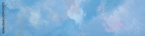 Magical light blue panoramic background featuring soft watercolor clouds and sparkling starry dust particles ideal for peaceful web headers fantasy banners and dream designs