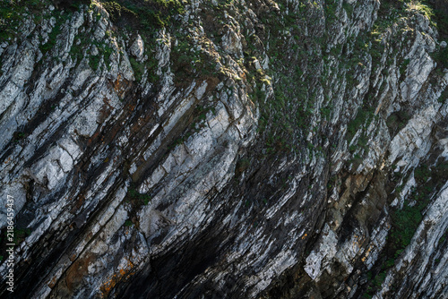 Fotografía White stork standing on a large coastal nest on a rocky cliff above turquoise se