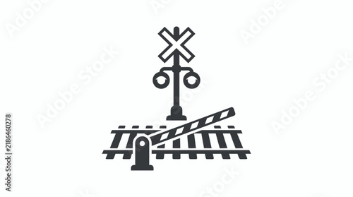Flat Vector Icon Depicting a Railroad Crossing Signal with a Lowered Safety Gate and Train Tracks for Traffic Warning and Transportation Infrastructure Safety Signage