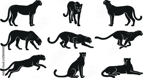 Canvas Print Black Panther and Cheetah Silhouette Vector Icon Set Featuring Wild Cat Poses fo