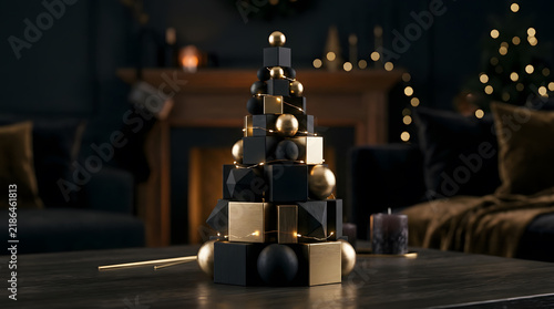 Elegant geometric Christmas tree made of gold and black boxes on wooden table