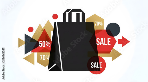 Black shopping bag with red sale tags and geometric shapes, discount 50% 70%, retail business promotion, advertising template