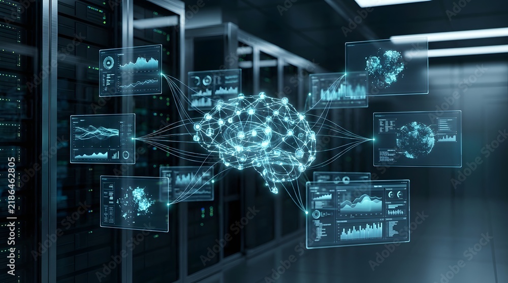 Fototapeta premium Advanced artificial intelligence brain model connected to data analytics in server room