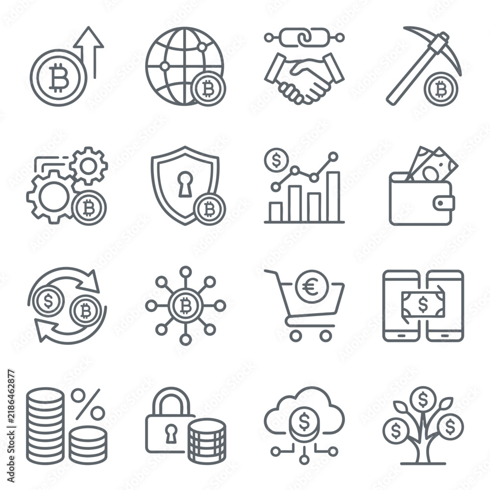Fototapeta premium Cryptocurrency mining and digital finance line icons.
