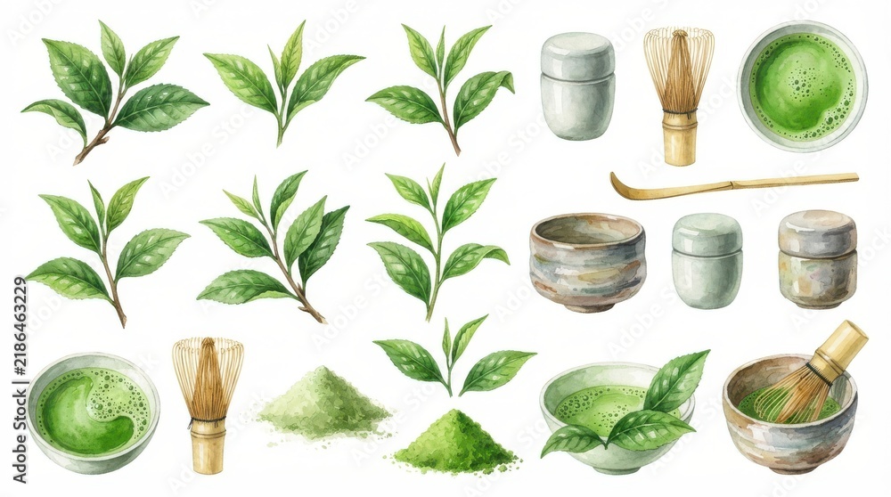 Obraz premium Watercolor set of green tea matcha leaves, bowl, whisk, and powder